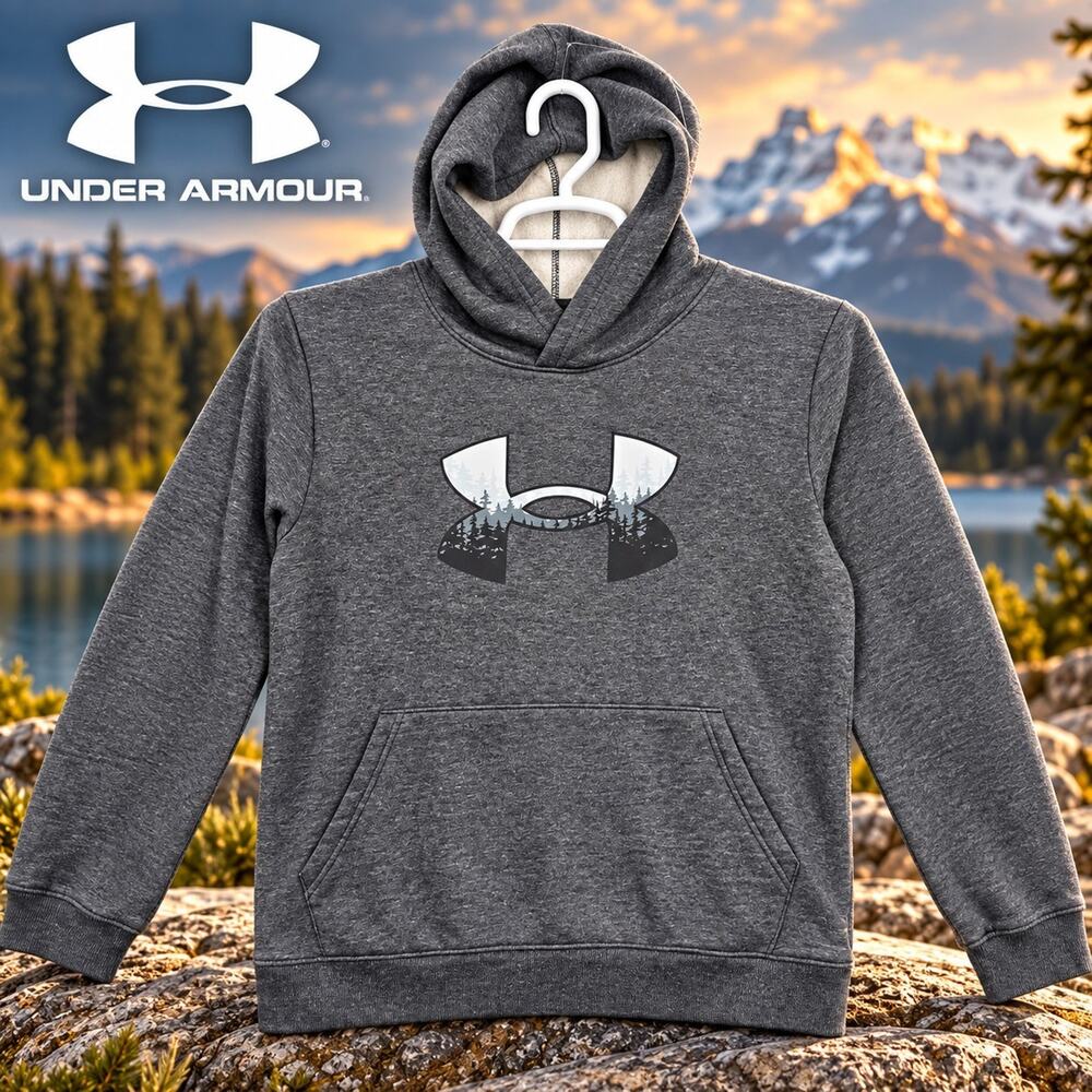 Under Armour Boys YXL Hoodie Gray Rival Fleece Forest Logo Pullover Youth XL